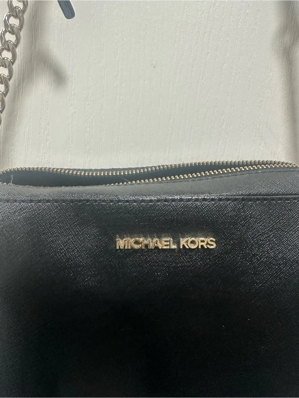 Michael Kors Black Leather Crossbody with Gold Chain Accents